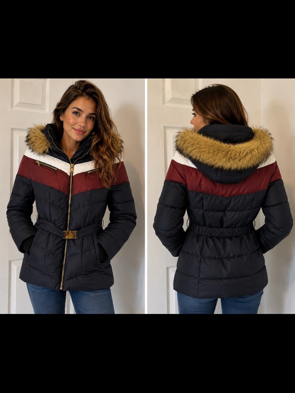 Vince Camuto Black Chevron Puffer Jacket with Burgundy and White Accents